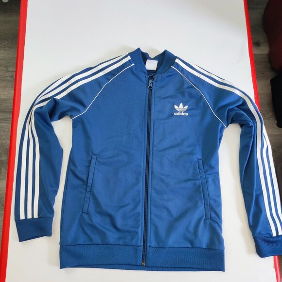 Adidas tracksuit boys size M blue with 3 white stripes full zip, zip pockets - Picture 1 of 11